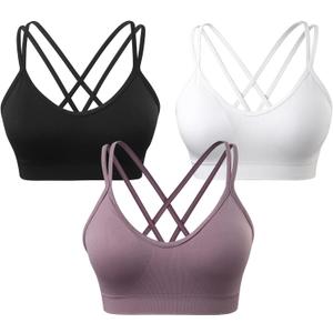 VEQKING Women's Cross Back Sports Bra Padded Strappy Medium Support Yoga Bra for Workout Fitness 3 Pack, S