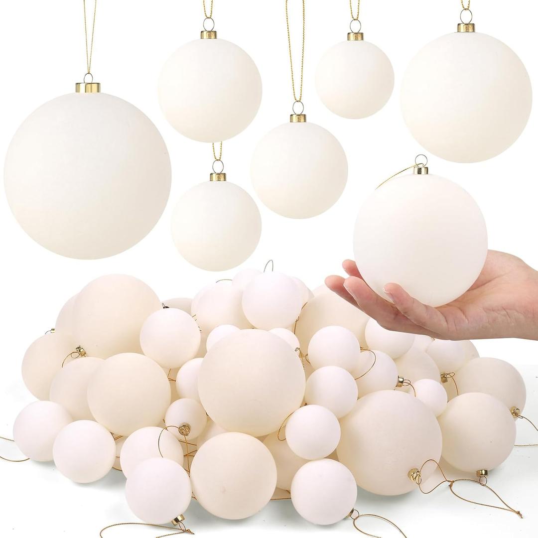 60PCS Christmas Velvet Ball Ornaments 4 Sizes Velvet Balls Bulk Flocked Shatterproof Decorations for Holiday Xmas Tree Decor (White)