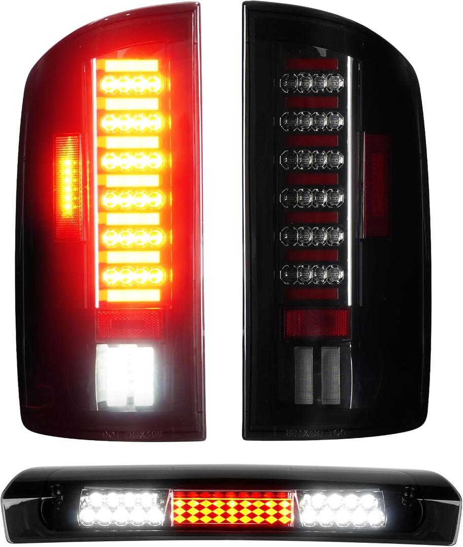 LED Tail Light + 3rd Brake Light Fit for Dodge Ram 1500 2002-2006,Fit for Dodge Ram 2500 3500 2003-2006, Chrome Housing Smoke Lens