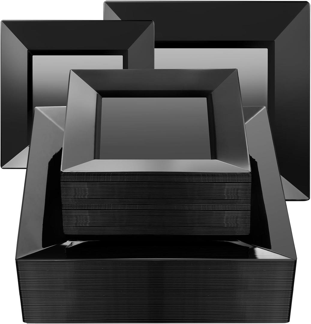 Goodluck 100 Black Pack Disposable Square Plastic Plates, Heavy Duty 50 Dinner Plates 9.5" and 50 Dessert Plates 6.5", Fancy Disposable Plates for Wedding, Holiday Party, Birthday, Halloween (100PCS)