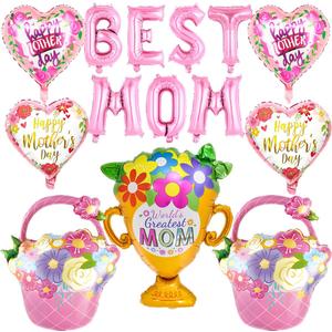 BEST MOM Balloons - 16 Inch Pink Flower Heart Balloons Mothers Day Balloons for Mothers Day Decorations Supplies