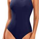 Tempt Me Women Athletic One Piece Swimsuits Sporty Racerback Bathing Suits Full Coverage Modest Swimwear (Navy Blue), M