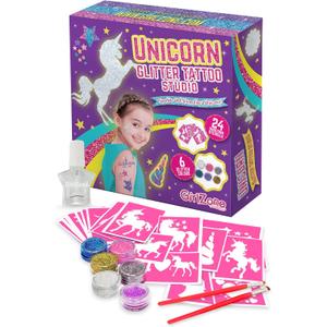 GirlZone 33 Fun Pieces Unicorn Glitter Tattoo Kit for Kids, Face & Skin-Friendly, Includes 24 Stencil Designs, 6 Colorful Cosmetic Glitters, 2 Brushes & 1 Body Adhesive, For Ages 3+