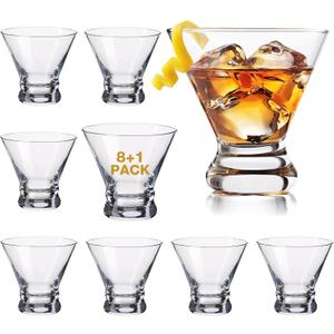 Mfacoy Martini Glasses Set of 9(Buy 8, get 1 Free), Crystal Cocktail Glasses 8 Ounces, Hand Blown Stemless Martini Glasses for Bar, Martini, Cosmopolitan, Manhattan, Gimlet, Pisco Sour Brandy