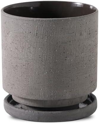 Nihow 5.7 Inch Plant Pot, Ceramic Pots for Plants with Drainage Hole and Saucer, Plant Pots Indoor for Home Garden Patio Office, Cylinder Planters for Indoor Plants, Charcoal Gray