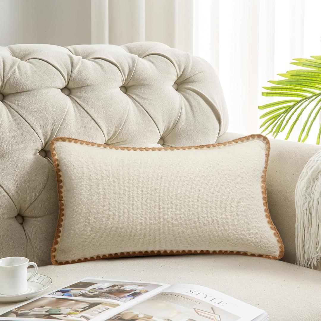 2 x ORTIGIA Farmhouse Lumber Pillow Covers Decorative 12x20 Textured Pillowcaes with Scalloped Edge Pillow Case for Couch Sofa Bed Cushion Living Room Khaki (Lace-brown)