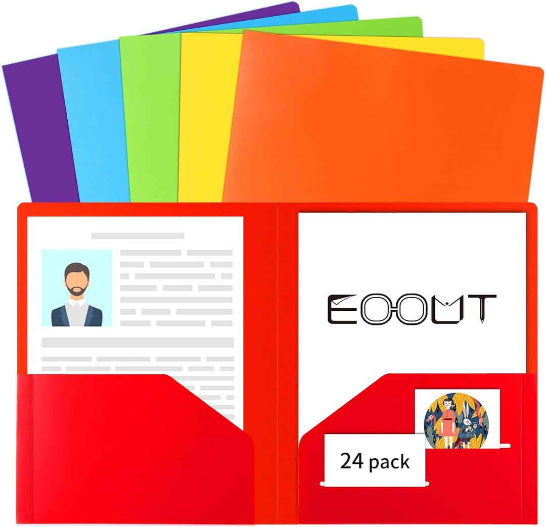 EOOUT 24pcs Folders with Pockets, Plastic Pocket Folders, 2 Pocket Folders with 2 Business Card Holder, 6 Colors, Letter Size, A4 Size, for Office, Teaching, Students and School