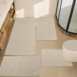 YIHOUSE Beige Bathroom Rug Sets 5 Piece, Absorbent Bath Mat for Bathroom Non Slip Washable, Bath Room Mat Quick Dry, Thin Bath Rug Set for Toilet and Floor