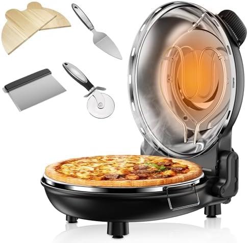 Upgrade Pizza Oven, Indoor Pizza Ovens Heats Up to 800˚F, 1200W Electric Pizza Oven, 12 Inch Pizza Maker with Viewing Window, Temperatures Control and Timer for Indoor and Outdoor Use