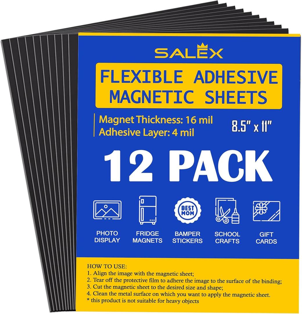 Magnetic Sheets with Adhesive Backing for Crafts, DIY. 12 Strong Craft Magnets 8.5" x 11" to Make Flexible Magnet Self Sticky Tapes, Strips, Squares, Sheet for School Classroom Board, Fridge, Photos