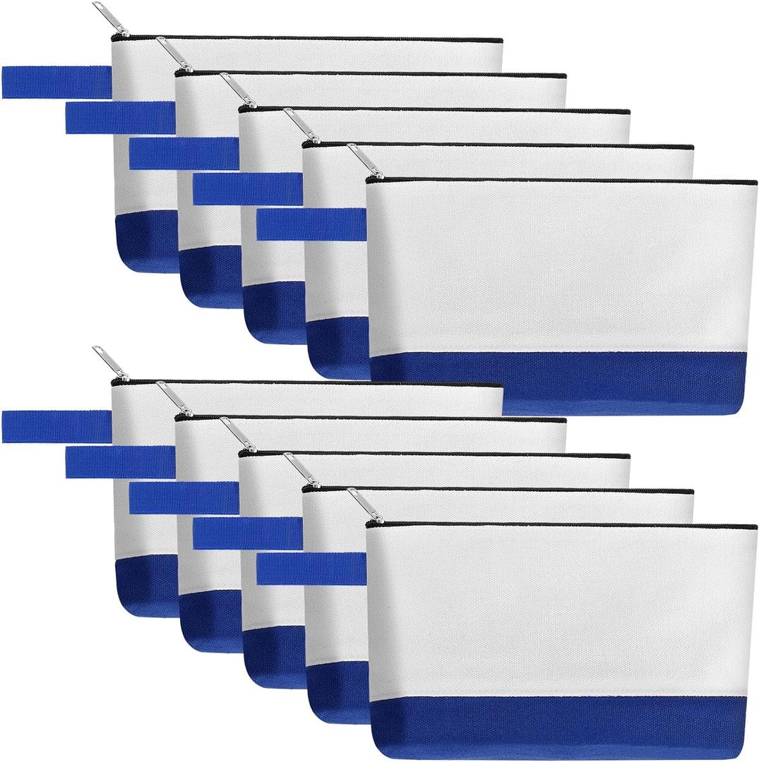 10 Pieces Cotton Canvas Makeup Bag with Bottom and Strap, Multi-Purpose Cosmetic Bag with Zipper Travel Toiletry Pouch, Blank DIY Craft Bag (White&Blue, S)