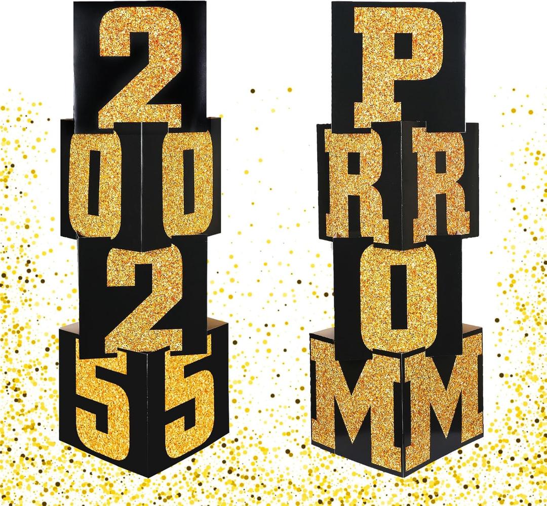 Queekay 8 Pcs Prom Column Standup Photo Booth Decorations 2025 Prom Backdrop Balloon Boxes Cardboard Decoration Column for Party College, 11.8 x 44.9 Inch(Gold, Black)