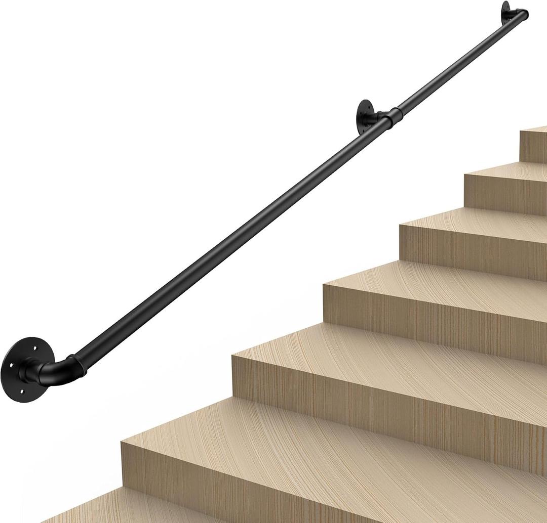 FlySkip Handrails for Indoor Stairs 4ft 2 Sections Galvanized Steel Pipe Stair Railing Non-Slip Wall Mount Hand Rail for Outdoor Indoor Stairs Porch Deck(4FT)