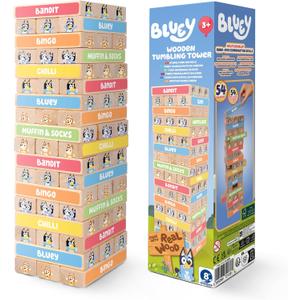 Bluey 8th Wonder Stackable Tumbling Tower Game, Robust Wooden Stacking Game with 54 Illustrated Colored Blocks, Fun Balancing Toy for Kids Ages 3+