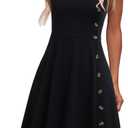 Women's Casual Summer Beach Flattering Flowy A-Line Spaghetti Straps Solid Cotton Button Down Midi Sundress, 16