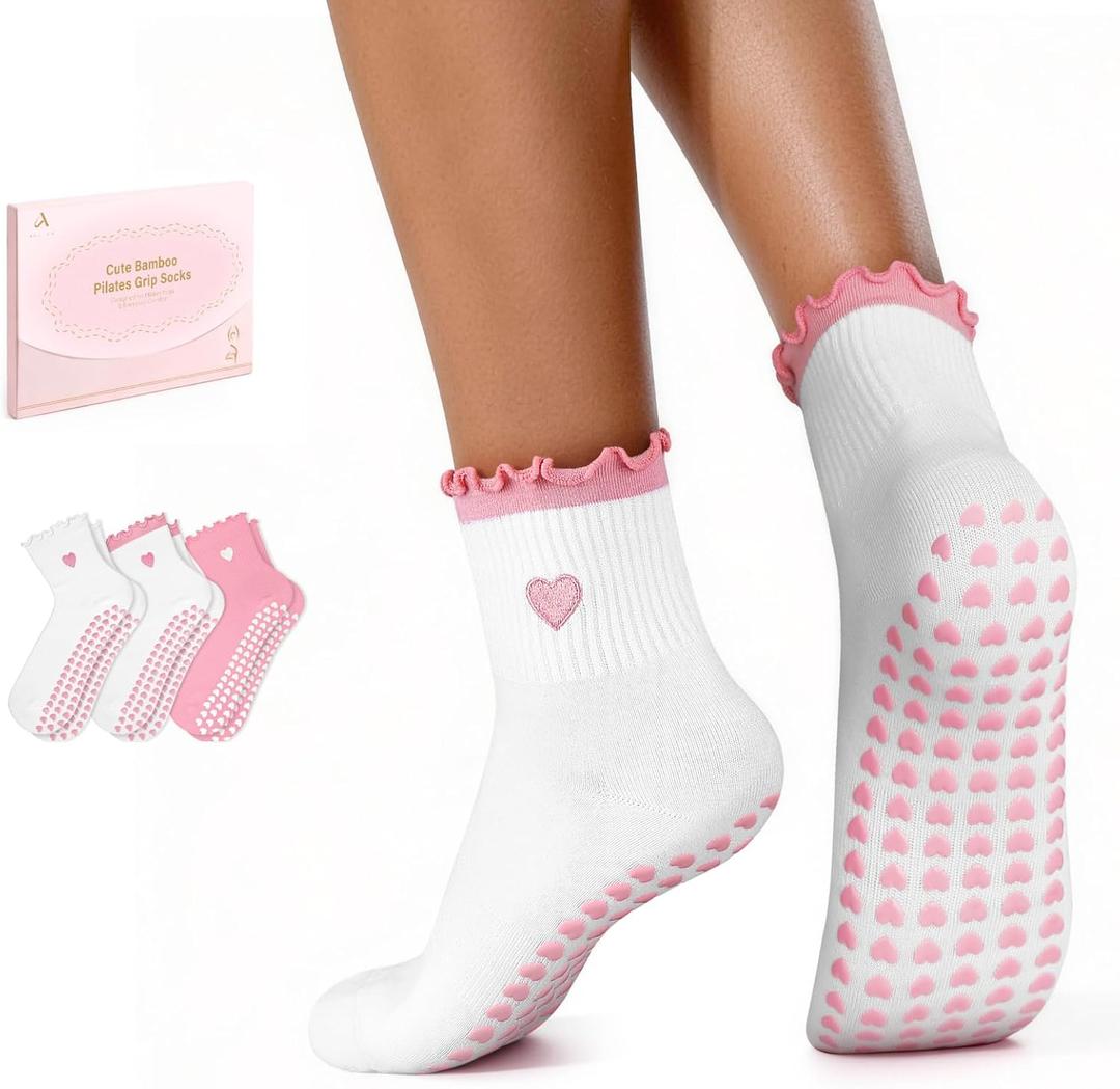 ALLIVE Pilates Socks with Grips for Women, Bamboo Breathable Non Slip Socks for Yoga, Barre, Studio, and Home Use