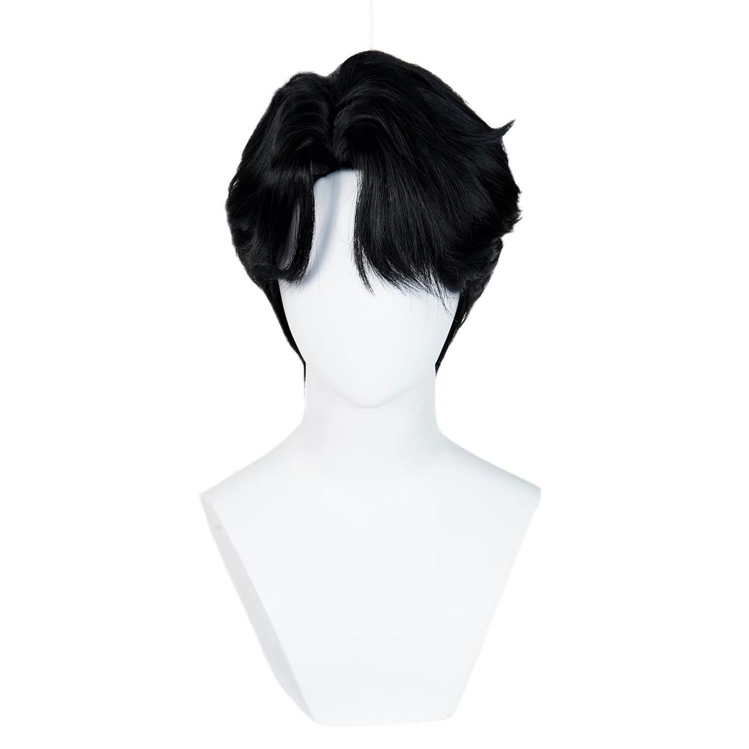 Wiggy Mermaid Short Black Wig for Men Black Emo Wig Goth Scene Hair Wigs + Cap for Stage Party Halloween Costume Cosplay