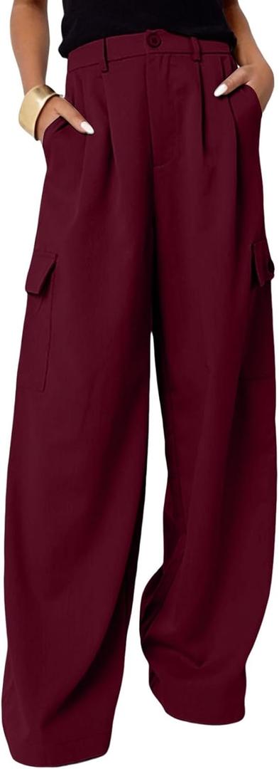 Dokotoo Womens High Waisted Wide Leg Cargo Pants Baggy Casual Work Pants with 4 Pockets (6, Burgundy)