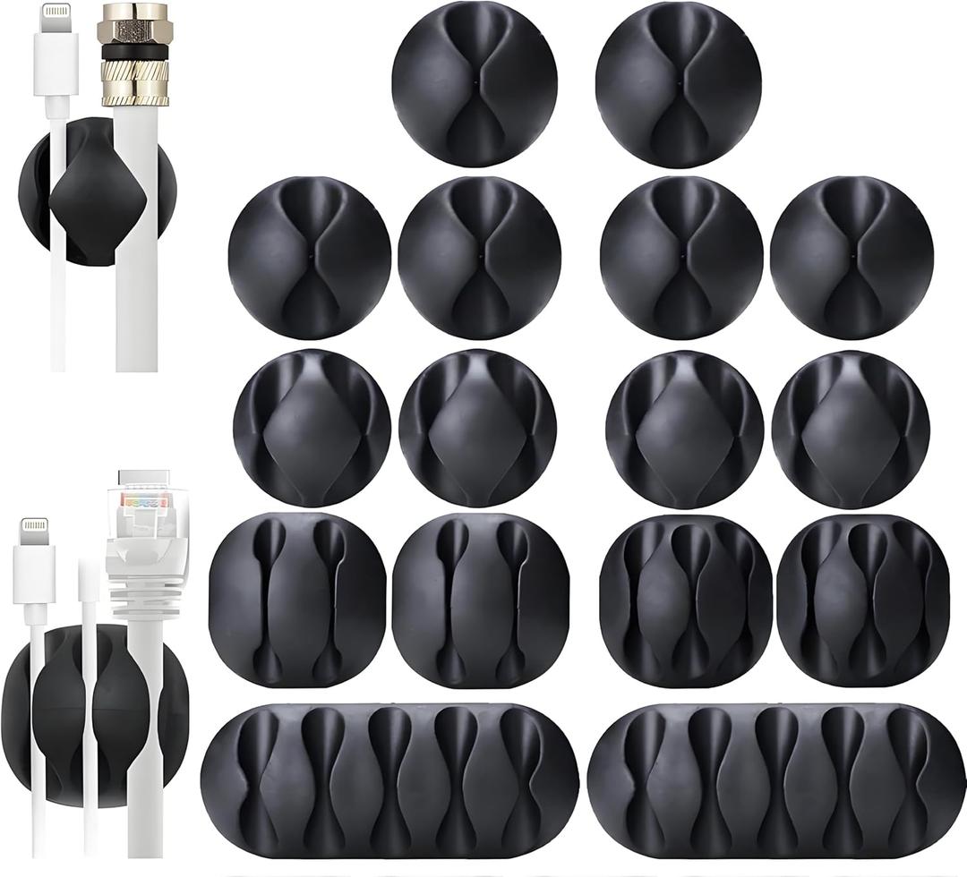 Black Adhesive Cord Organizers Cable Clips for Desk, Wall, and Car with Strong Sticky Backing for USB, Charger & Computer Wires (16-Pack)