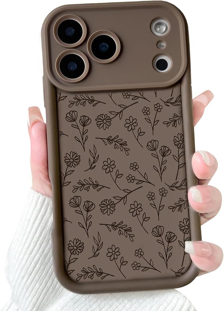 NITITOP Compatible for iPhone 17 Pro Max Case Cute Flowers Floral Leaves Design for Women Girls Stylish Artistic Soft TPU Shockproof Full Camera Protective Cover - Brown