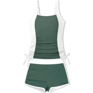 NAPU Girls Swimsuit Two Piece Tankini Swimsuits with Boyshort Ruched Bathing Suit Color Block Teen Girls' Swimwear Size 9-16Y (15-16 Years, Green + White)