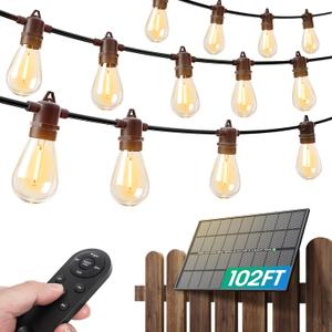 addlon 100FT(2FT) Solar String Lights Outdoor Waterproof with 6W Panel USB Charing & Remote Control Patio Lights Long Last for 20+Hrs Dimmable Solar Power LED Bulbs for Porch Garden Market Bistro (100FT(50 Sockets))
