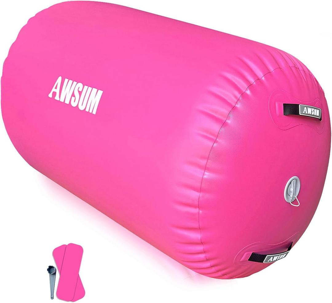 AWSUM Air Roller Gymnastics Barrel Inflatable Tumbling Mat Back Handspring Trainer for Octagon Mat Gym Home Gymnastics Equipment 1PCSNo Electric Pump ((L)47.3"x(Diam)29.5"-No pump, Pink)