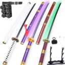 RENGENG Light Up Sword, 40 Inches Rechargeable Pre-Assembled Plastic Replica Anime Sword with Belt & Stand & Spinner (3 Piece-kitetsu+enma Purple+wado Ichimonji)