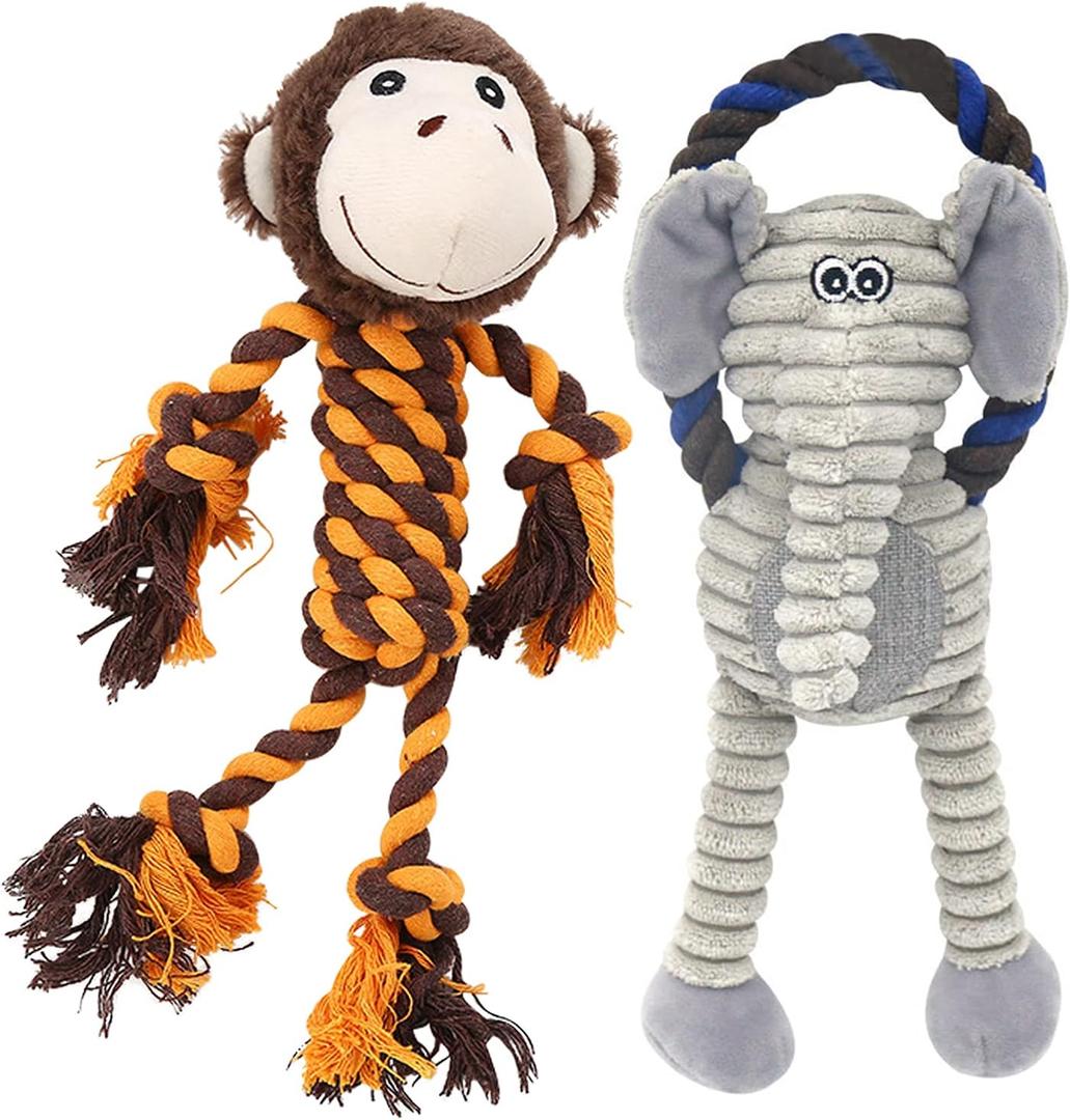 Rope Dog Toys to Keep Them Busy - Tug of War Dog Toys for Boredom Plush Interactive Squeaky Puppy Toys for Small Medium Large Dogs (Brown & Grey)