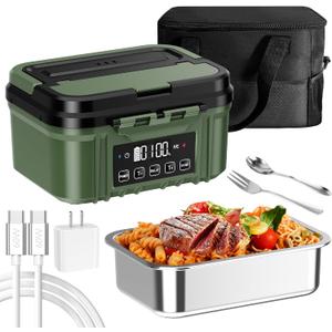 Cordless Electric Lunch Box for Adults  Battery-Powered Heated Lunch Box with 1.2L Stainless Steel Container, Timer Function, and Leak-Proof Food Warmer for Work, Travel & Office (Green)