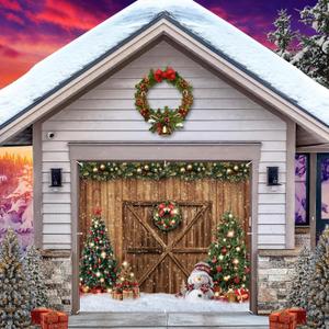 Christmas Garage Door Cover Decorations Banner Backdrop, Winter Holiday Garage Door Banner Cover, Wood Barn Xmas Tree Snowflake Xmas Single Garage Door Cover for Outdoor Holiday Decorations Large 7x8ft