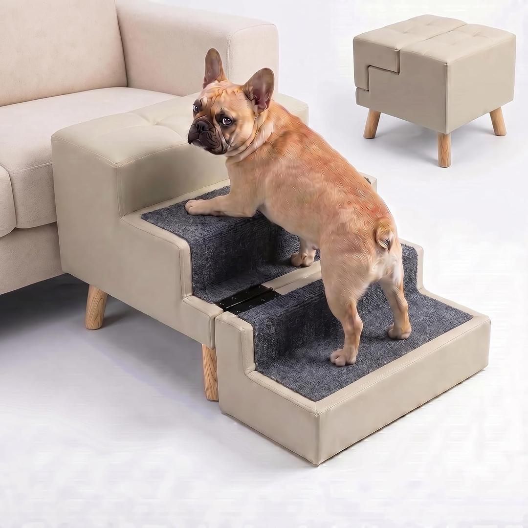 16.5" H Leather Dog Stairs for Small Dogs 2-in-1 Dog Stairs&Ottoman
