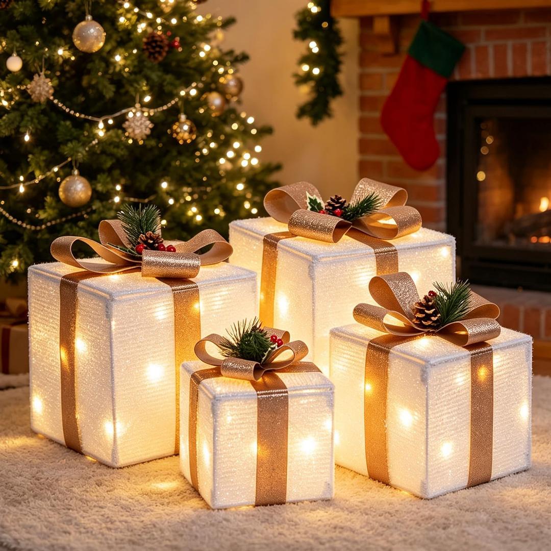 Set of 4 Christmas Lighted Gift Boxes, 70 Led Light Up White Iron Frame Present Box with Pine Cones Bows for Christmas Tree Party Yard Holiday Indoor Outdoor Decoration