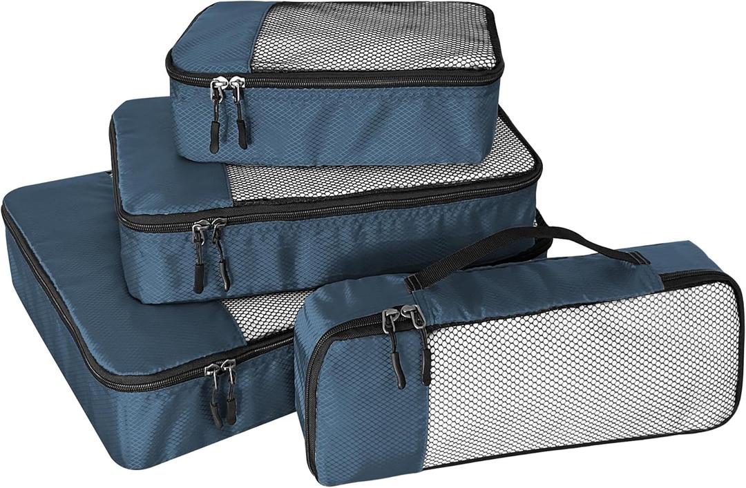 4-Piece Packing Cubes Travel Accessories Set for Suitcases - Luggage Organizer Bags with Double Zipper - Mesh Top - Small/Medium/Large/Slim - Dark Blue