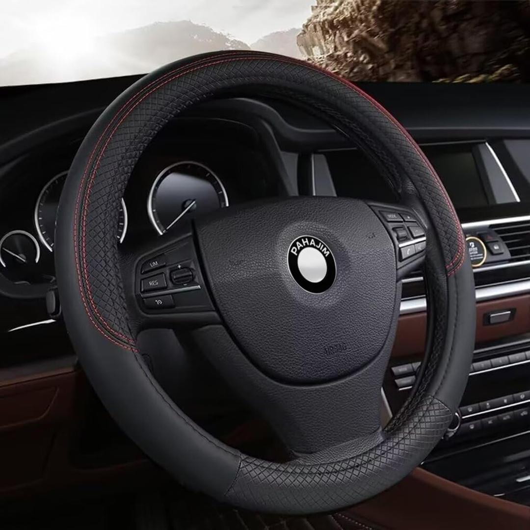 Pahajim Car Steering Wheel Cover Universal PU Leather Steering Wheel Wrap Anti Skid 14.5-15 Inch (37-38cm) Protector Volante Carro for Women Men (Black)