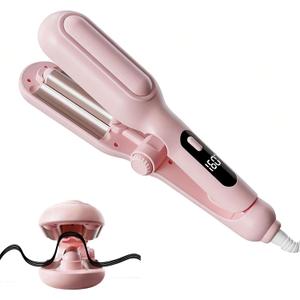 Curling Iron Hair Crimper Waver - Adjuatabel Beach Waves Curling Wand, Ionic Deep Waver Hair Curler Tool with Ceramic 3 Barrel Adjuatabel 1 Inch to 1.25inch, 3 Temps Dual Voltage, Anti-Scald, Pink