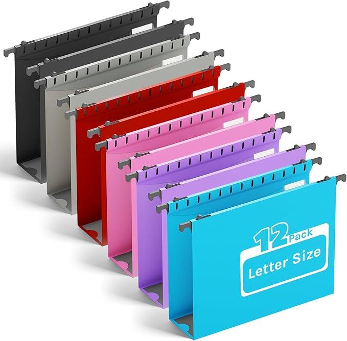Ansook Plastic Hanging File Folders Letter Size,Upgrade 2" Extra Capacity Expanding Hanging Folders with Tabs,12 Pack Reinforce File Cabinet Folders,Heavy Duty Color Hanging Organizer for Bulky Files