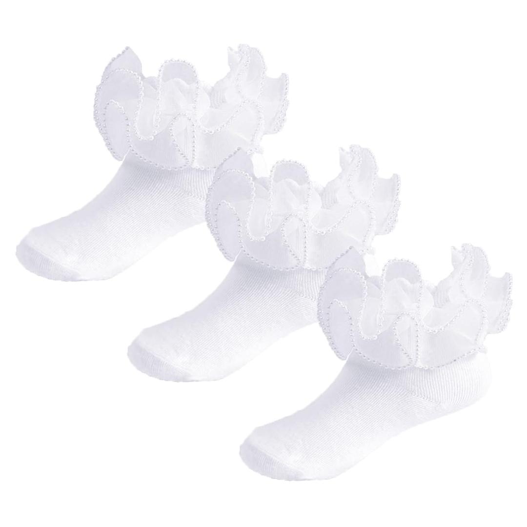 Yenzat Girls Ruffle Socks Pearls Lace Socks for Toddler Little Girls Frilly Dress 3-5 Years 3 Pairs White (White)