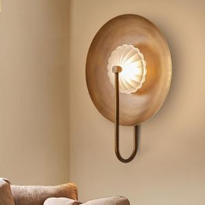 Round Brass Wall Sconce  Artistic Mid-Century Modern LED Wall Light with Fluted Glass Shade, Dimmable Hardwired Indoor Light Fixture for Bedroom, Bathroom, Hallway