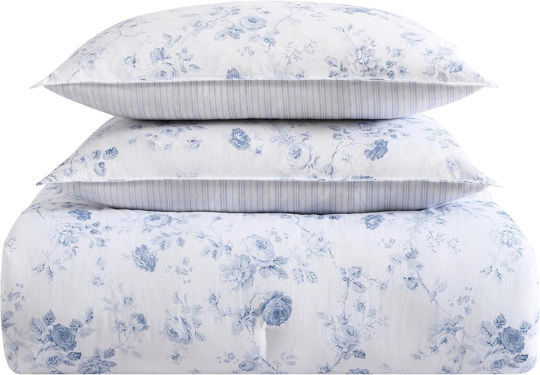 Laura Ashley- Queen Comforter Set, Reversible Cotton Bedding with Matching Sham(s), Dorm Essentials (Belinda Blue, Queen)