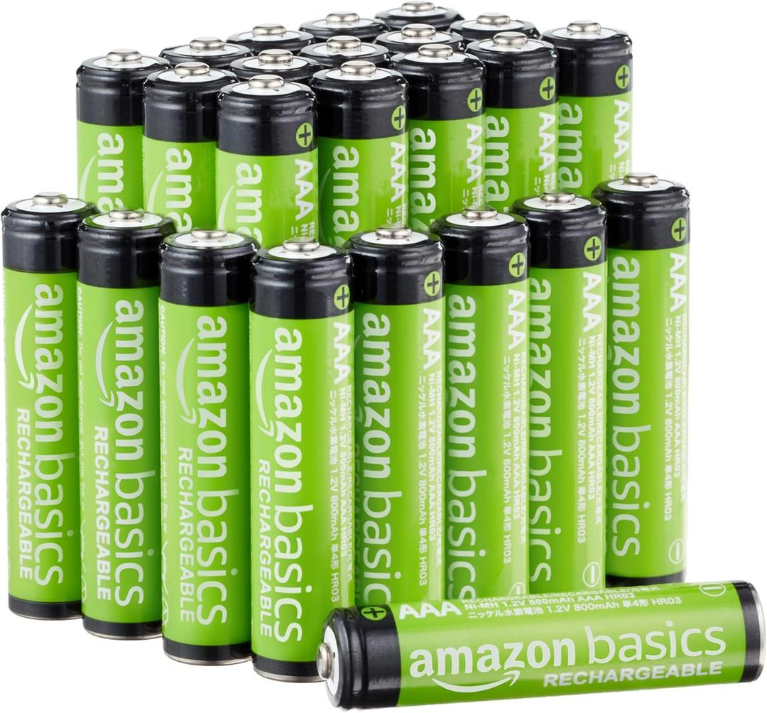 Amazon Basics 24-Pack Rechargeable AAA NiMH Batteries, 800 mAh, 1.2V, Low Self-Discharge, Pre-Charged, Recharge up to 1000x Times