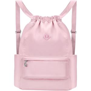 Drawstring Backpack with Wet Pocket Gym Backpack Water-Resistant Cinch String Bag Beach Swim for Women Men (Pink)