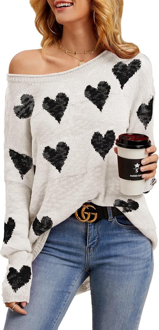 Tutorutor Womens Cute Love Heart Print Sweaters Oversized Off The Shoulder Loose Knitted Valentine Pullover Blouse Top (Small, White Black)