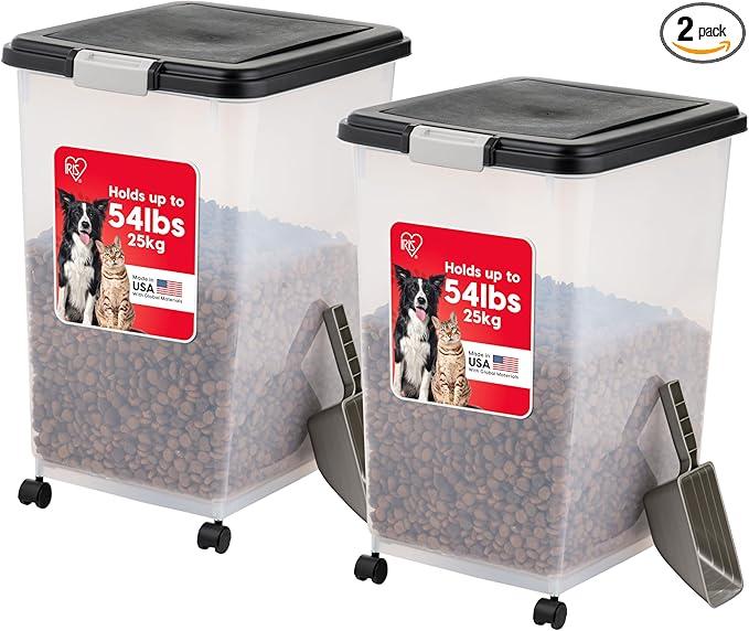 IRIS USA Airtight Dog Food Storage Container, Up to 54 lbs, Attachable Wheels, For Dog Cat Bird and Other Pet Food Storage Bin, Keep Fresh, Translucent Body, Easy Mobility, 2 Pack, Black