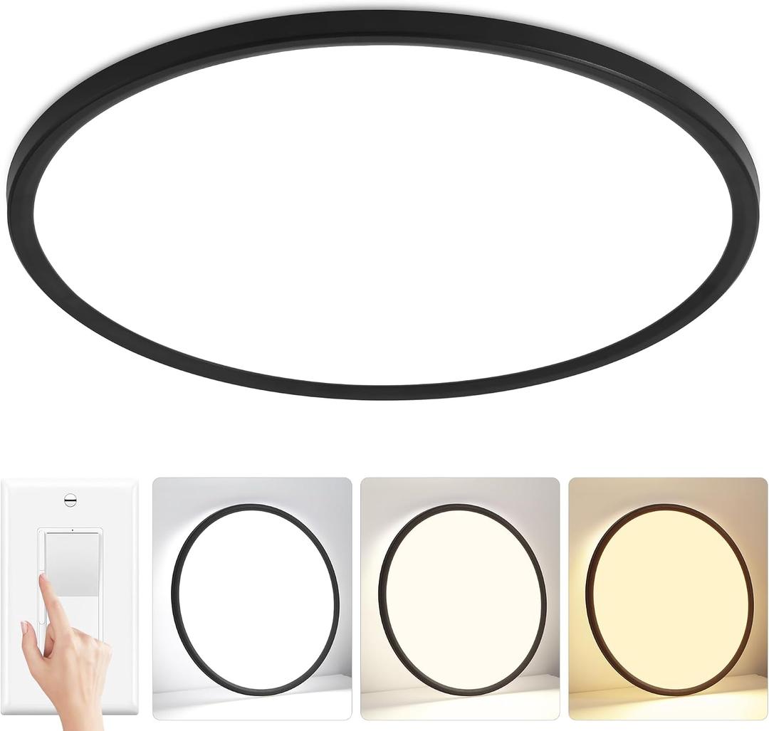 24 inch Modern Led Big Ceiling Light, Ultra Thin Flush Mount, 50W 5000LM, Dimmable, 3000K/4000K/6500K Selectable, Black, Perfect for Bedroom, Kitchen, Dining Room, Living Room, Home Office, Hallway