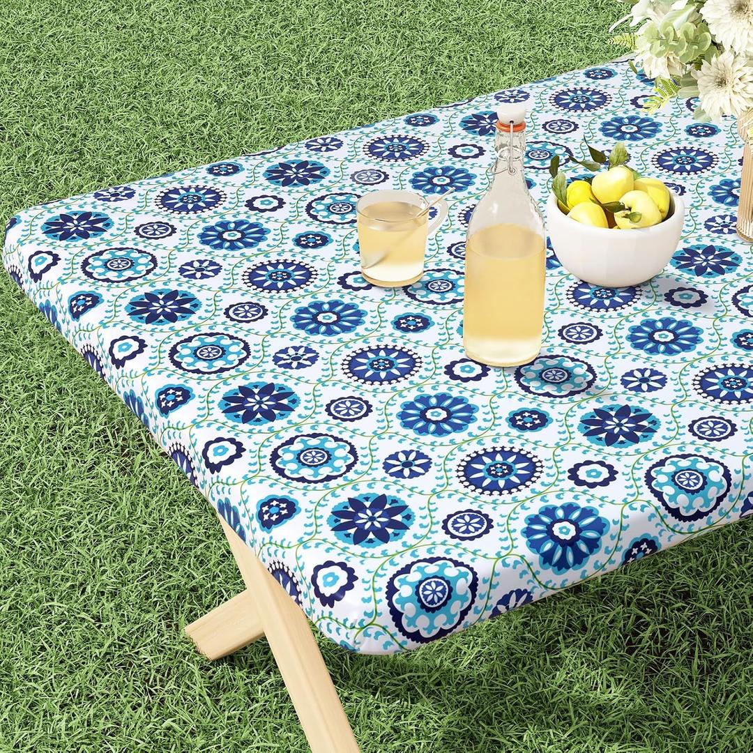 misaya Rectangle Vinyl Tablecloth, Fitted Table Cover, 100% Waterproof, Elastic Edge, Flannel Backing, Table Cloth Fit 6 Foot Folding Tables for Easter, Picnic, Outdoor (Navy Mandala, 30x72 inch)