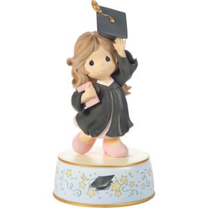 Precious Moments Graduation Musical: From Cap And Gown To New Horizons - Brunette Graduate in Black Gown - Pomp and Circumstance Tune - Resin Figurine - 6.5"H - Includes Batteries