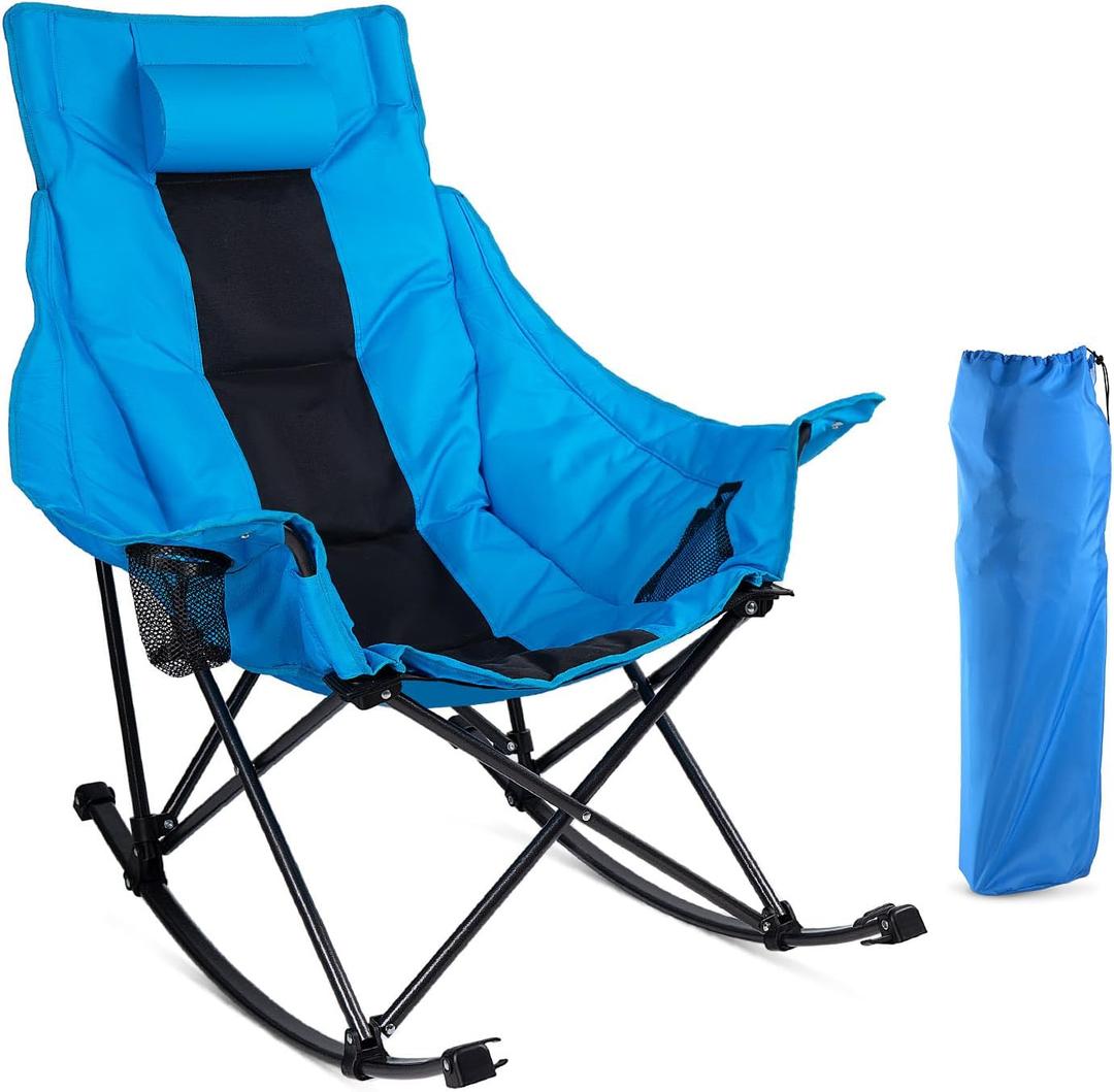 LEMBERI Outdoor Folding Rocking Camping Chair for Adults,Portable Oversized Heavy Duty Camping Rocker, Folding Lawn Chair for Outside Use with Cup Holder,Cooler Bag and Side Pocket (Blue)