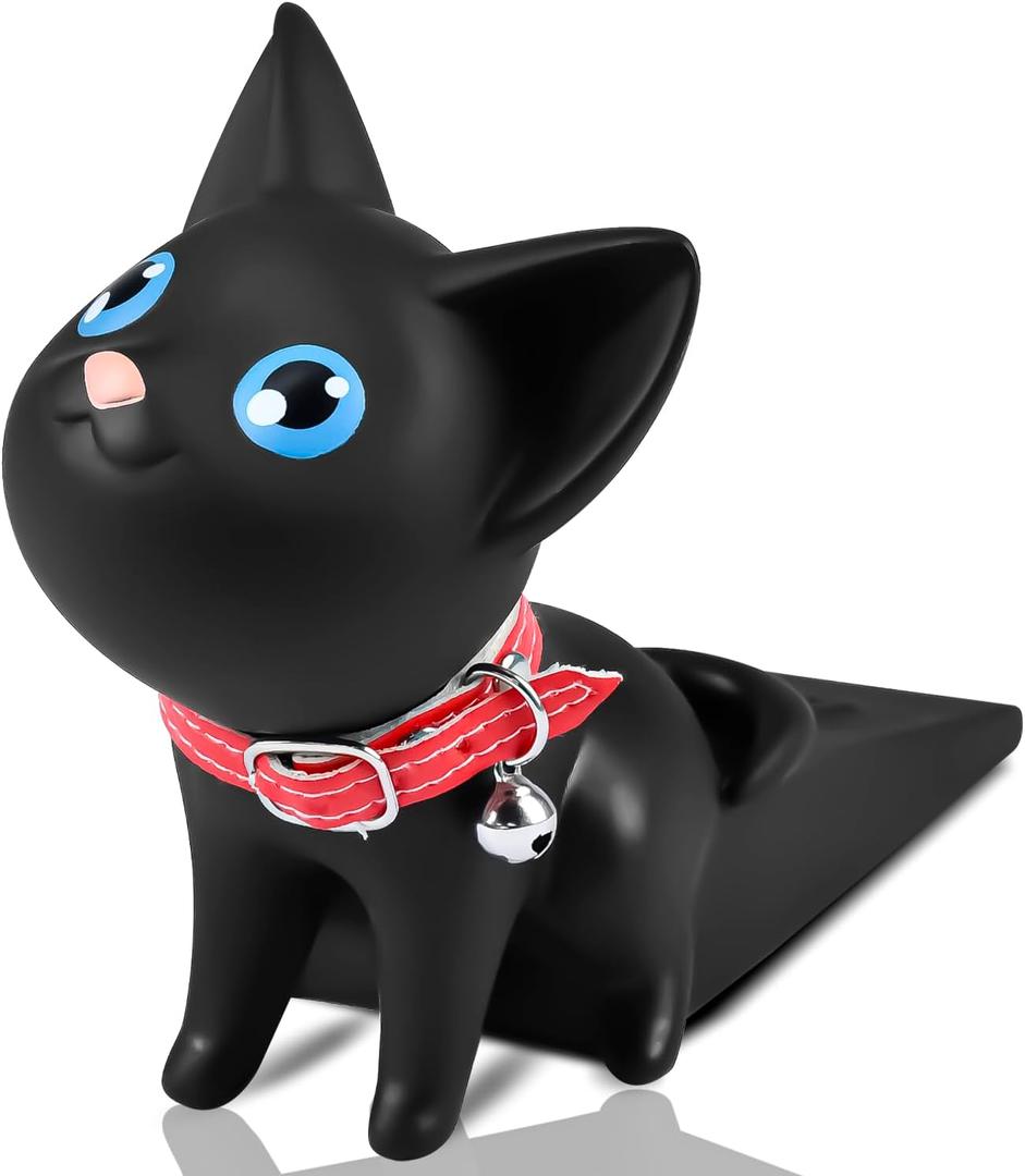 Cute Cat Door Stopper Decorative Non-Slip Floor Protector - Scratch Resistant Door Wedge Holder for Hardwood Tile Carpet All Floor Types Safe Creative Pet Friendly Design (Black)