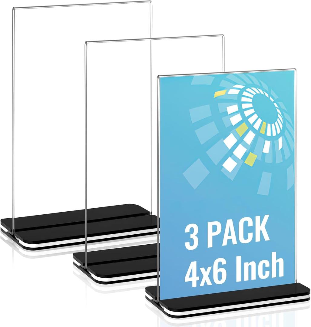 Acrylic Sign Holder，4x6 Inch Clear Display Stand，Double-sided Table Top Sign Holder， Acrylic Vertical paper Display Stand Suitable For Office, Home, Show Fair, Restaurants, Stores, Hotels (3 Pack)
